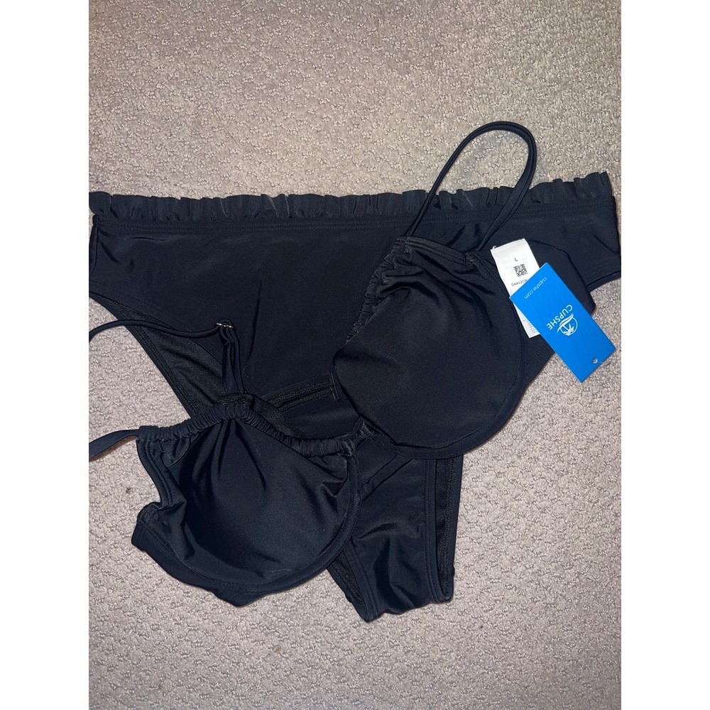 Cupshe Black Underwire Ruched Bikini Set High Waisted Ruffle Swimsuit Large NEW - Picture 4 of 4